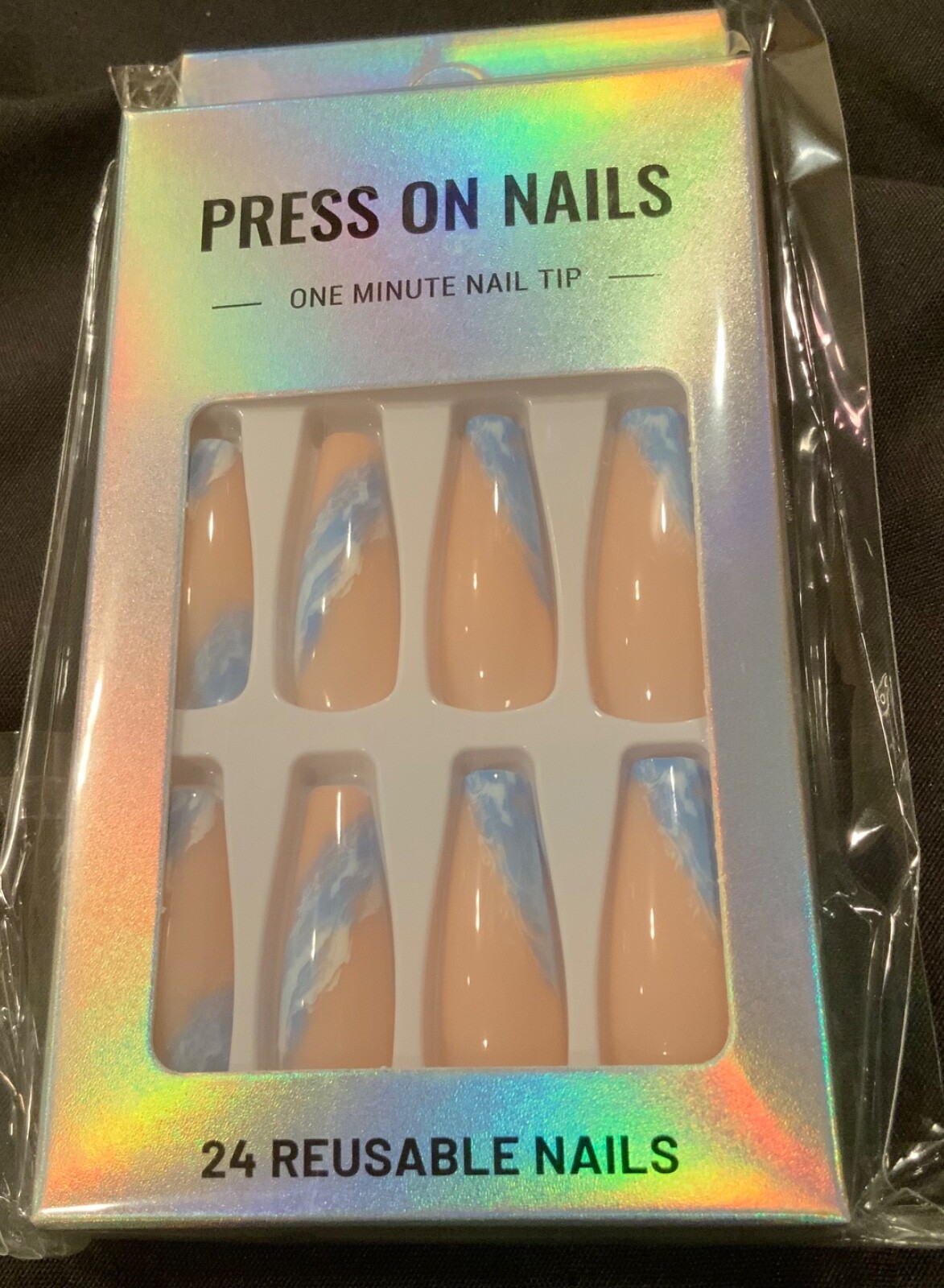 Coffin Press On Nails Long Length Full Cover Designer Nails Nude Blue White