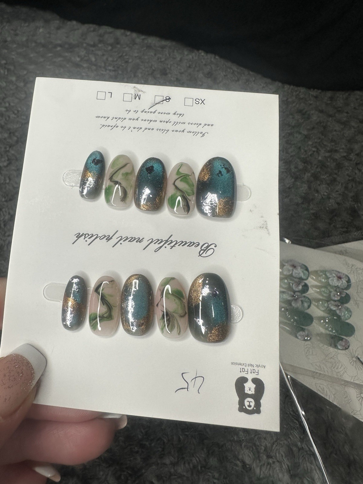 Oval shaped Press-On Nails Teal & Gold Catseye Fat Fat Size Small