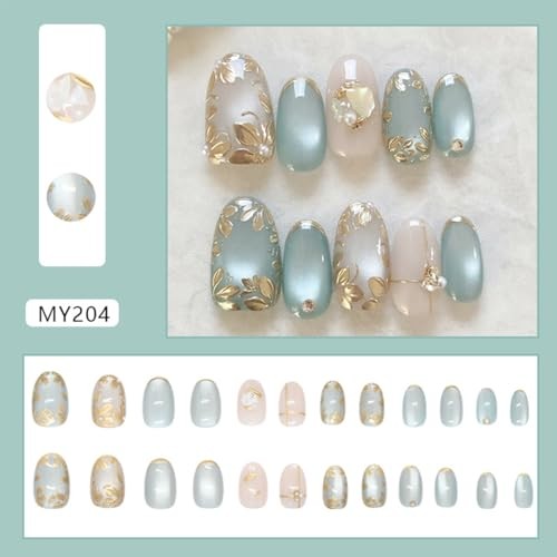 24Pcs Short Almond Press on Nails Gold Flower Fake 3D Blue Gilding Pearl-20