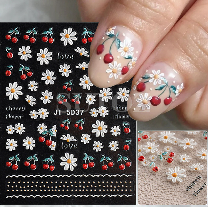 5D Embossed White Red Daisy Flower Cherry Love Nail Stickers Manicure JI-5D37