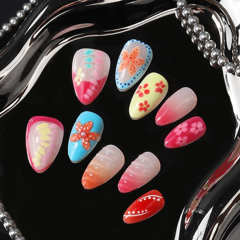 48 Pcs Fruit Floral Oval Press on Nails, Lovely Casual Summer Daily Fake Nails