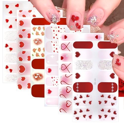 6 Sheets Valentine’s Day Nail Wraps Stickers 3D Red Heart Nail Polish Strips