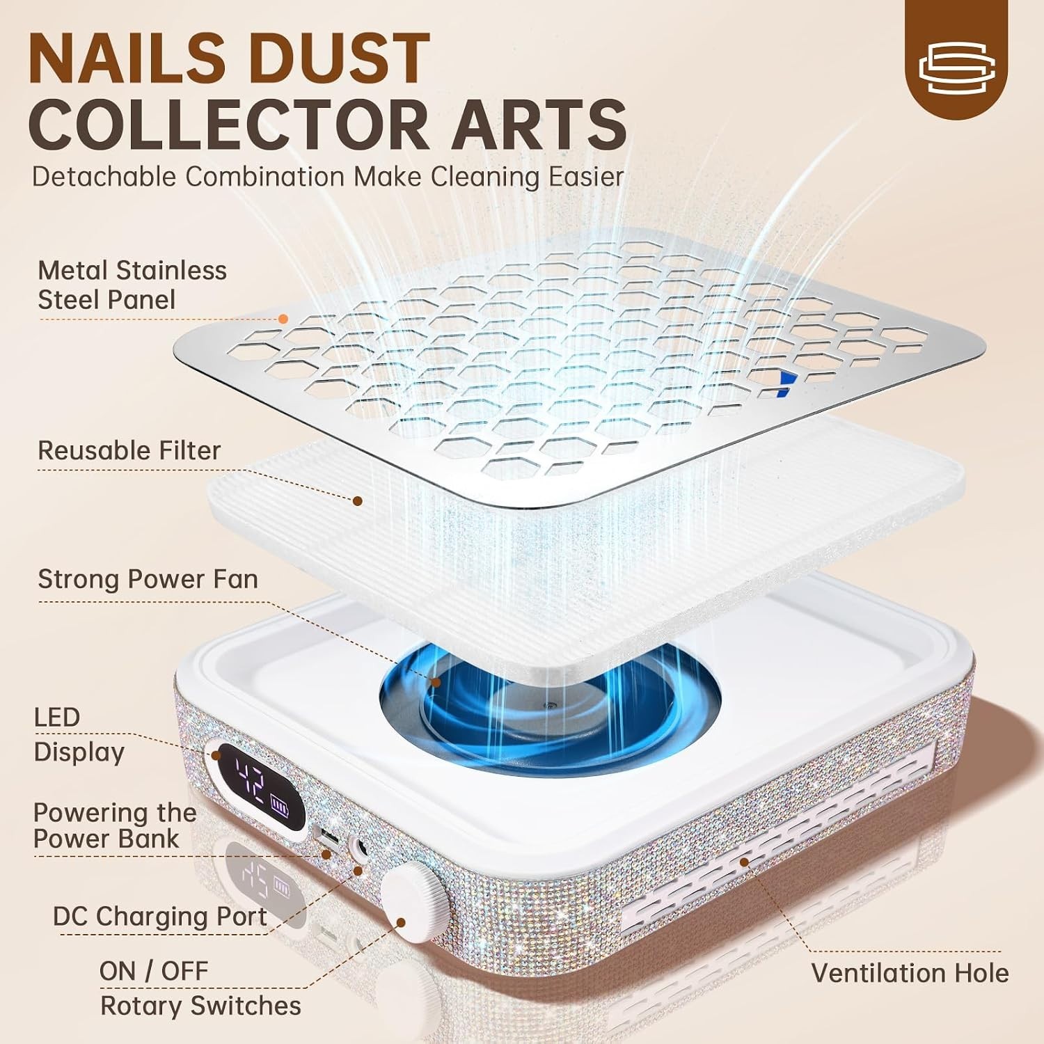Rechargeable Nail Dust Collector Powerful Vacuum Fan Acrylic Nail Extractor Whit