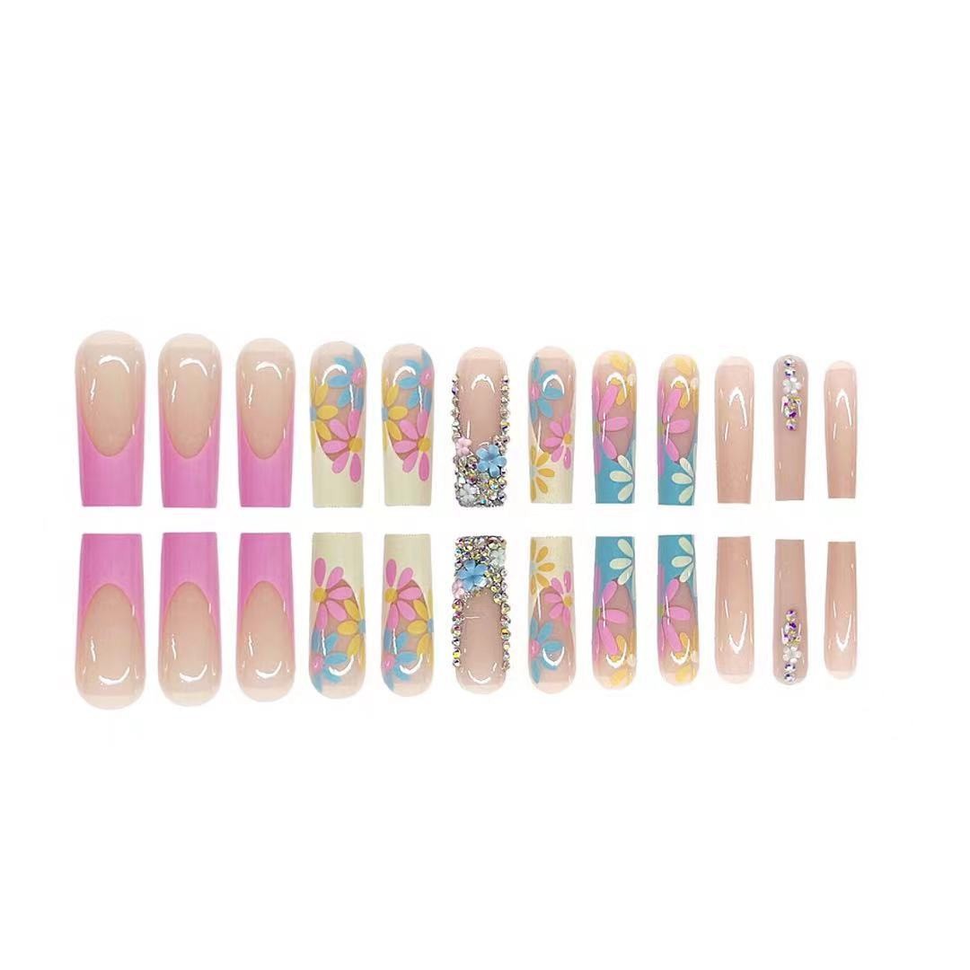 Finger and Toe Press-On Fake Nail Rainbow Flowers Diamonds French Manicure 48pcs