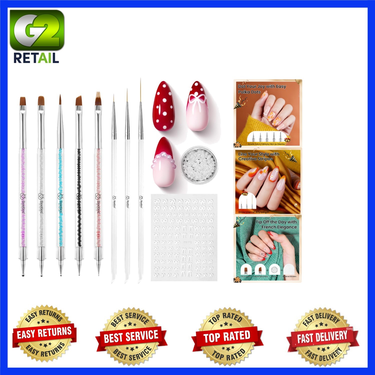 Beetles 8pc Double-Headed Nail Art Brush Set with Dotting Tools & Stickers