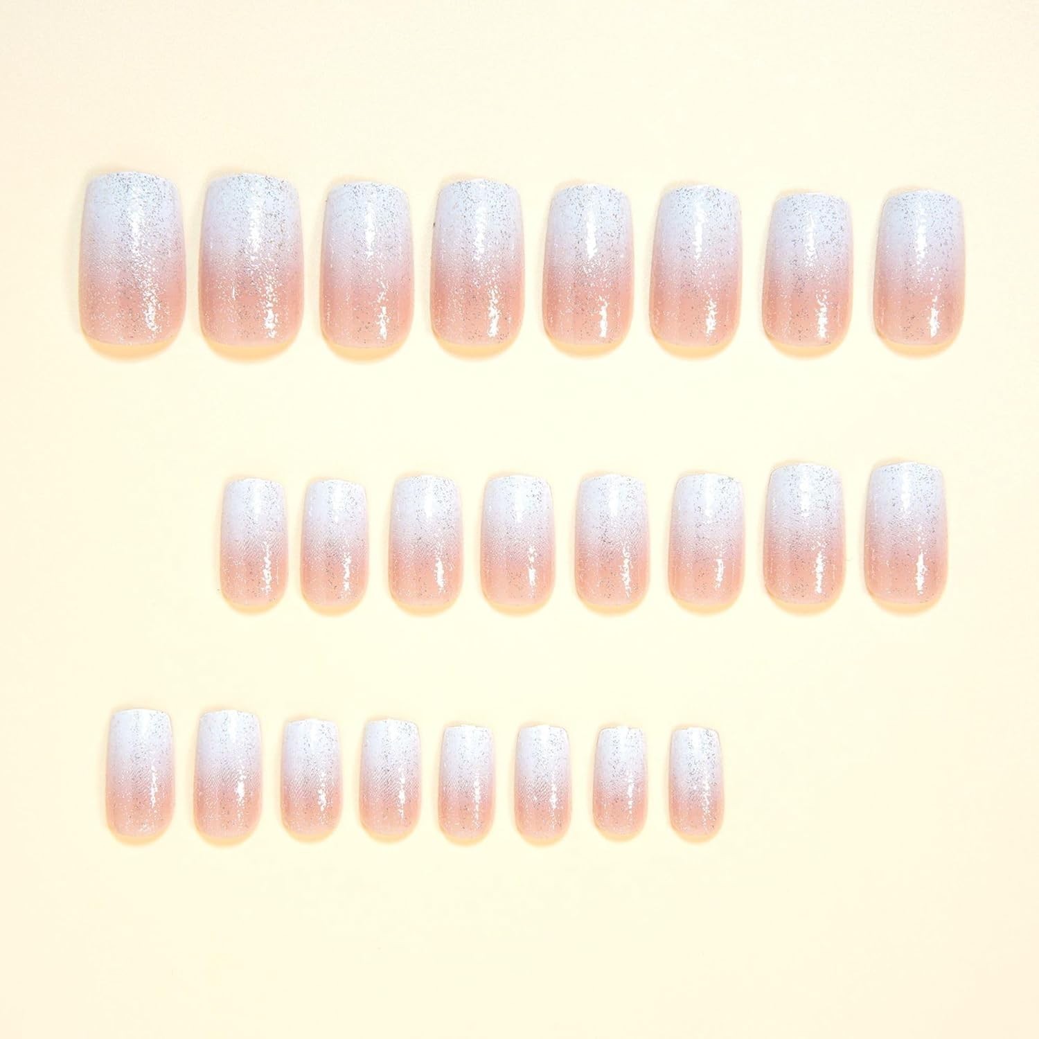 MERVF Square Press On Nails White Ombre French Tip Glitter Fake Nails Medium