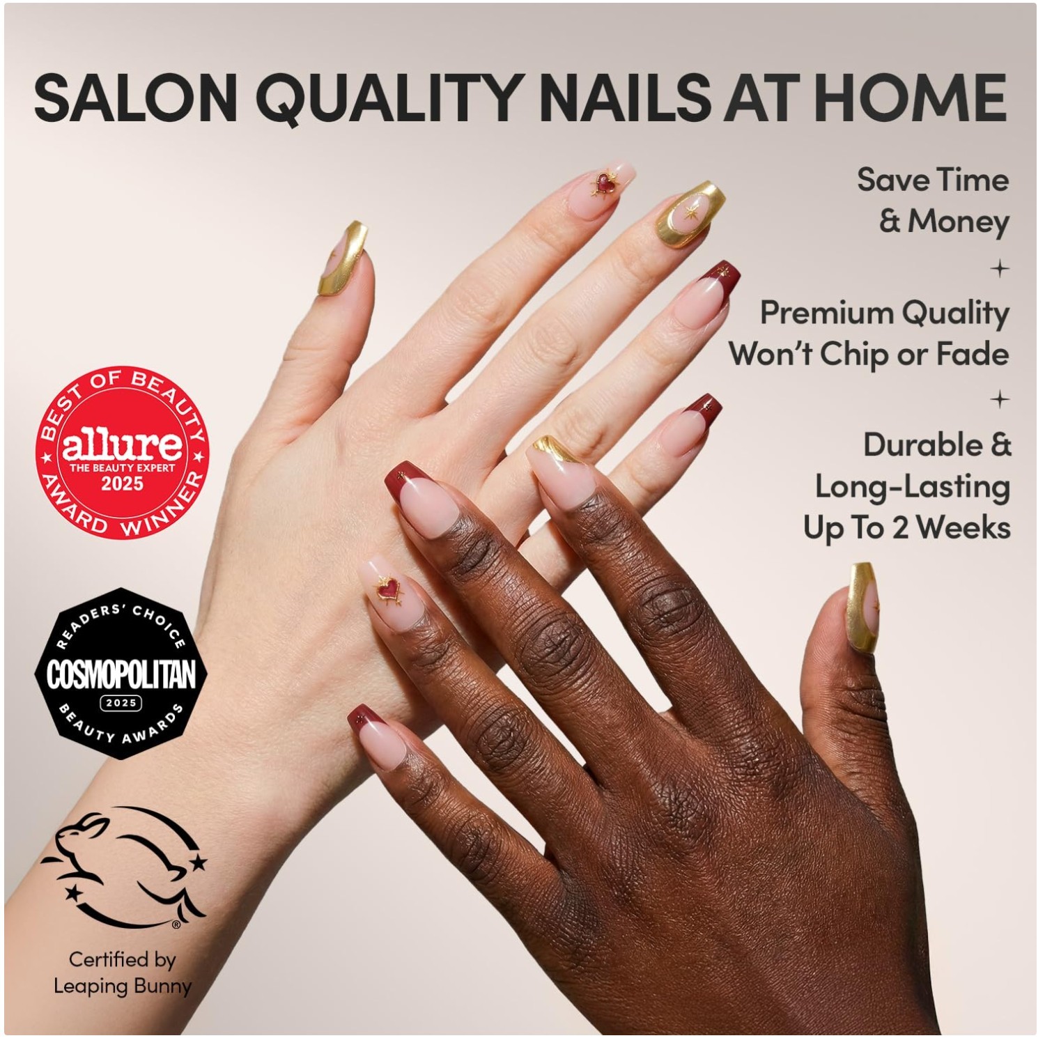 15 Sizes Queen of Hearts Nail Set – Gold Metallic, Red Tips