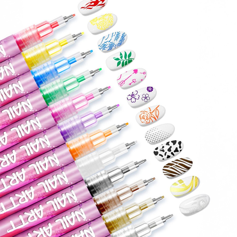 12Pcs Nail Art Pen Marker Set 0.5mm Extra Fine Tip Graffiti Drawing Embellishing