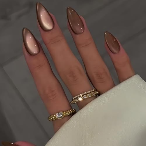 Cat Eye Dark Brown Press on Nails Almond, Glitter Press cateye almond coffee