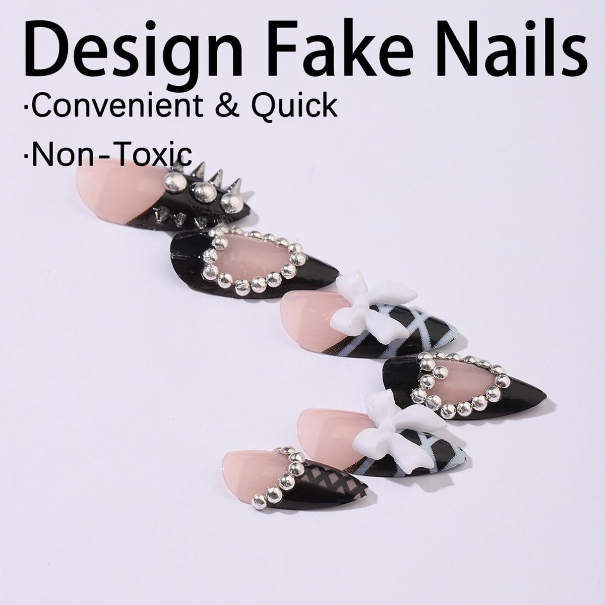 24pcs Press On Nails Almond With 3D Bow Pearl Rhinestone Design Black Medium …