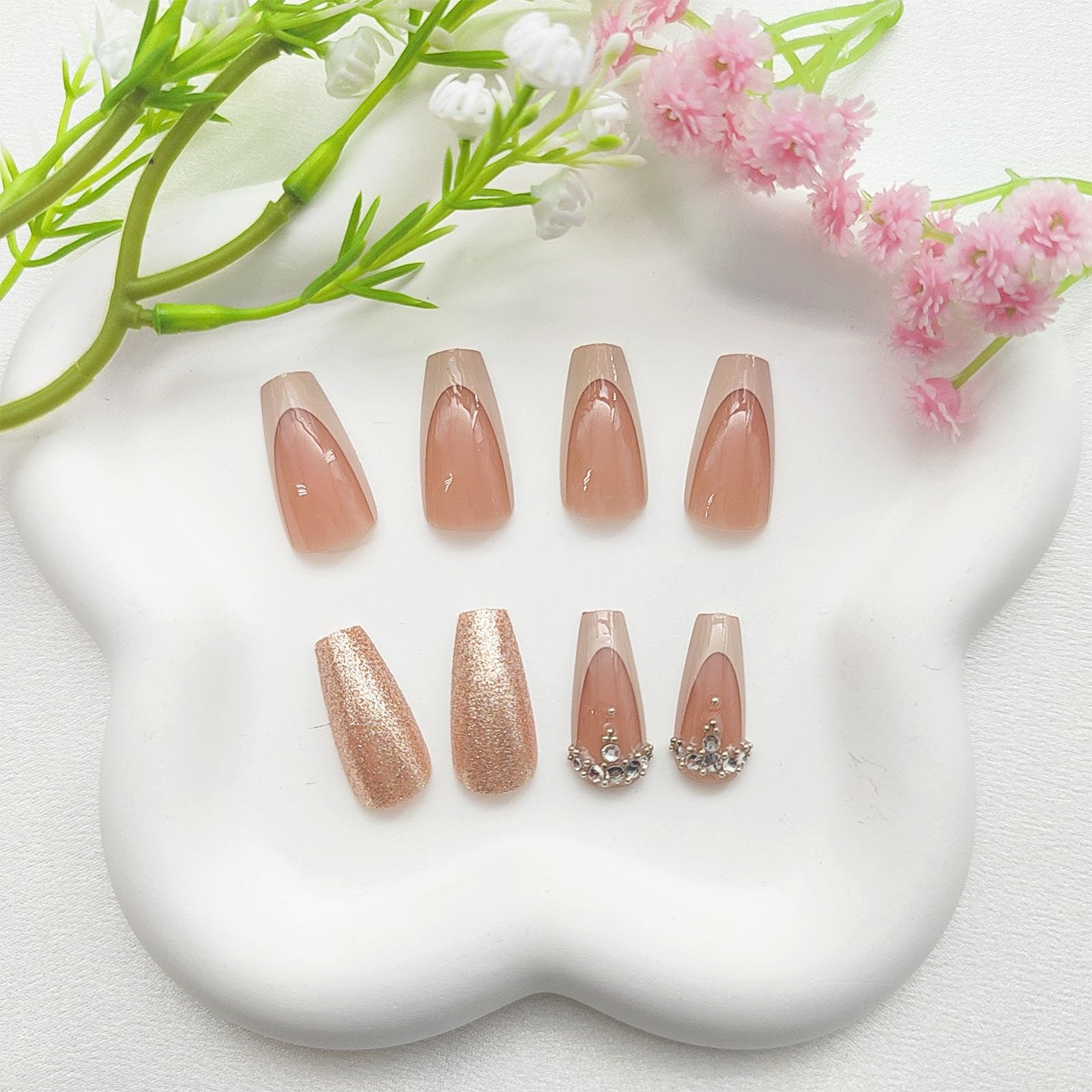 French Tip Press on Nails Medium Fake with Medium, gold brown nude