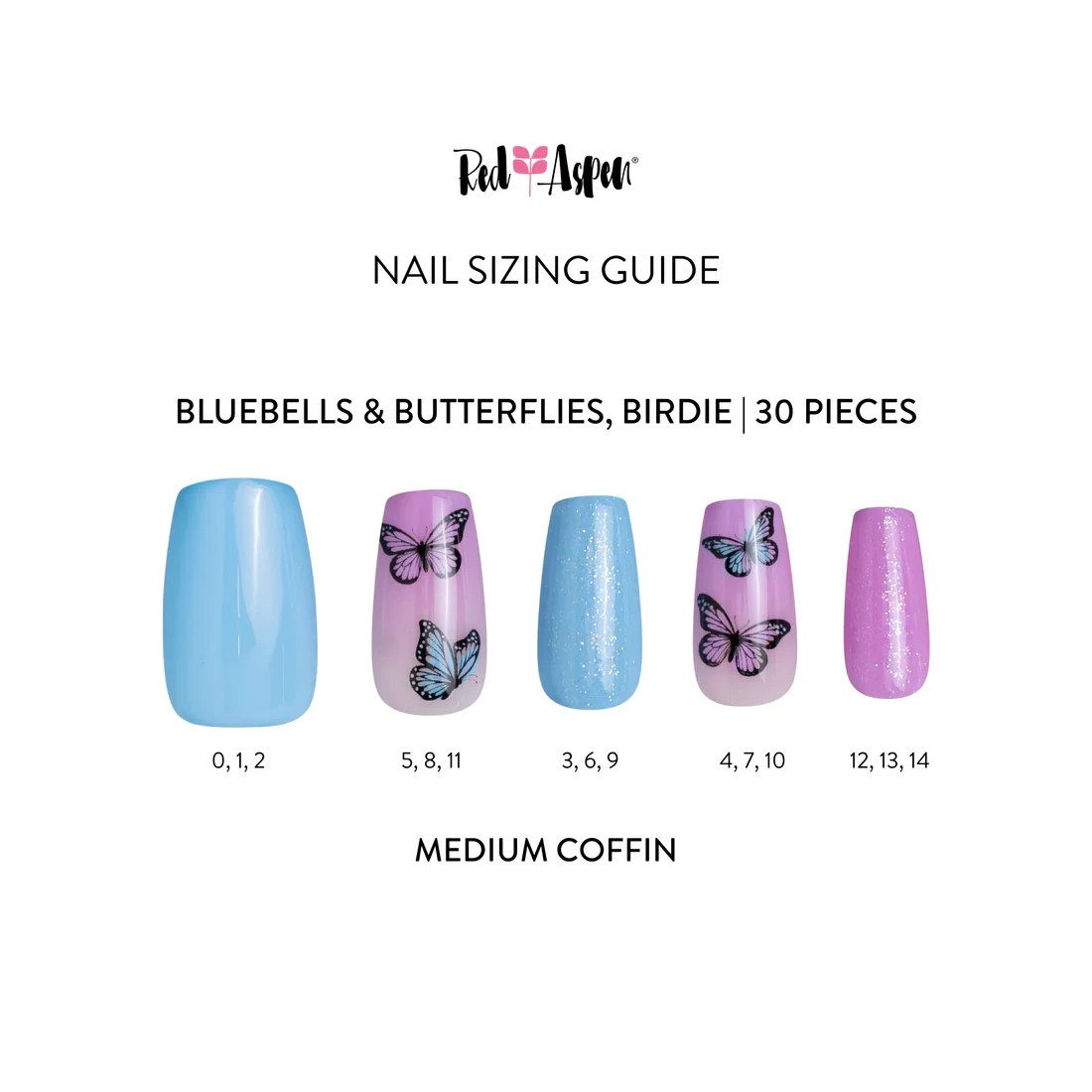 Red Aspen Press On Nails- Bluebells & Butterflies, Birdie Coffin Medium