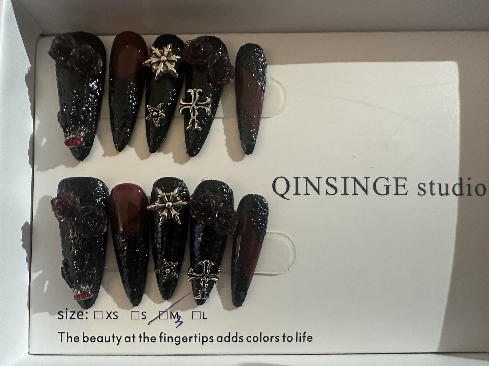 Black Burgundy 3D Stiletto Press-On Nails Gothic Roses Crosses size M