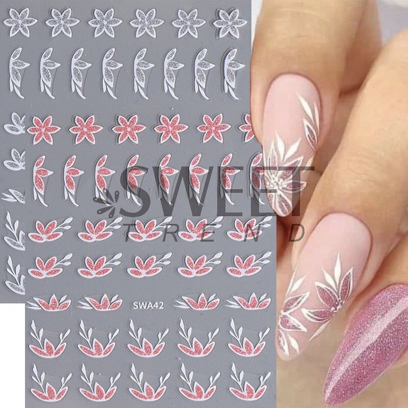 2Pcs White Pink Glitter Flower Floral Star French Nail Art Stickers Decals NH28