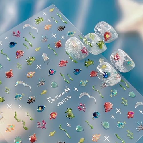 Ocean Fish Nail Stickers Self-Adhesive Cute Nail Decals Cartoon Seaweed Style 6