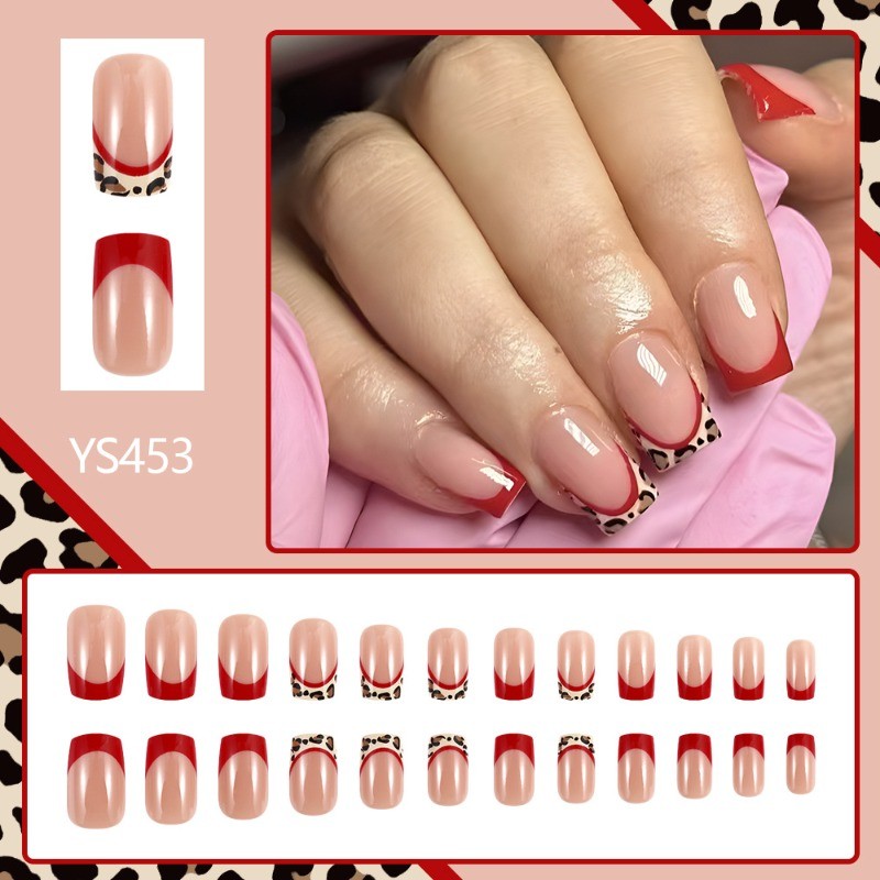 48Pcs-Classic Red French Fake Nails Medium Square Animal Print Gloss Nail Art