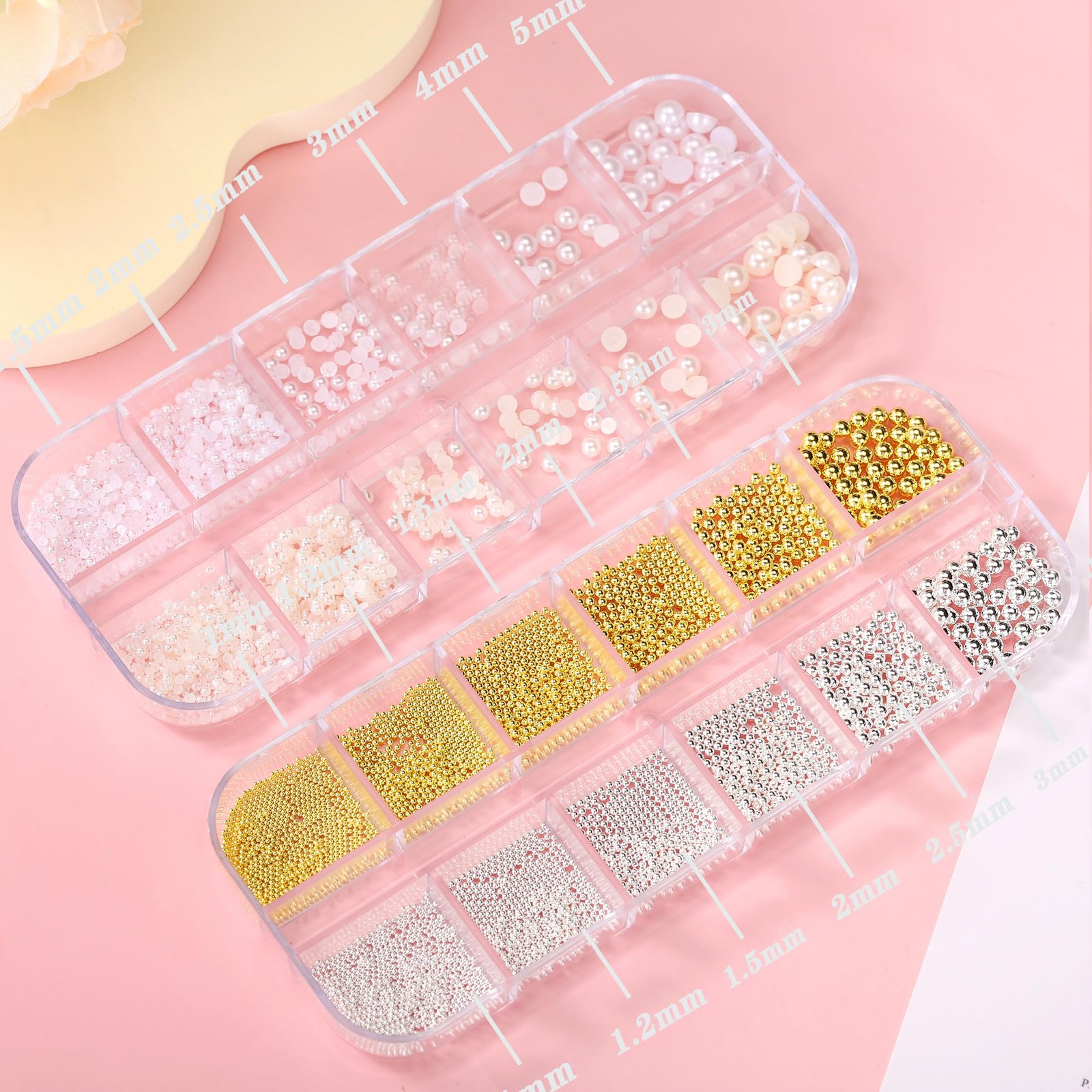 2 Boxes Flatback Pearls (White+Beige) and Silver+Gold Nail Beads for Nail Art…