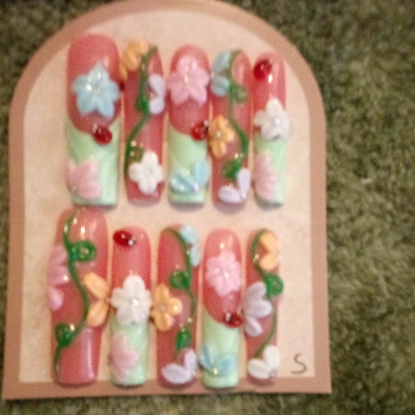 3D Shiny Press-On Nails Pink Green Multicolor Long Coffin Flower Full Cover