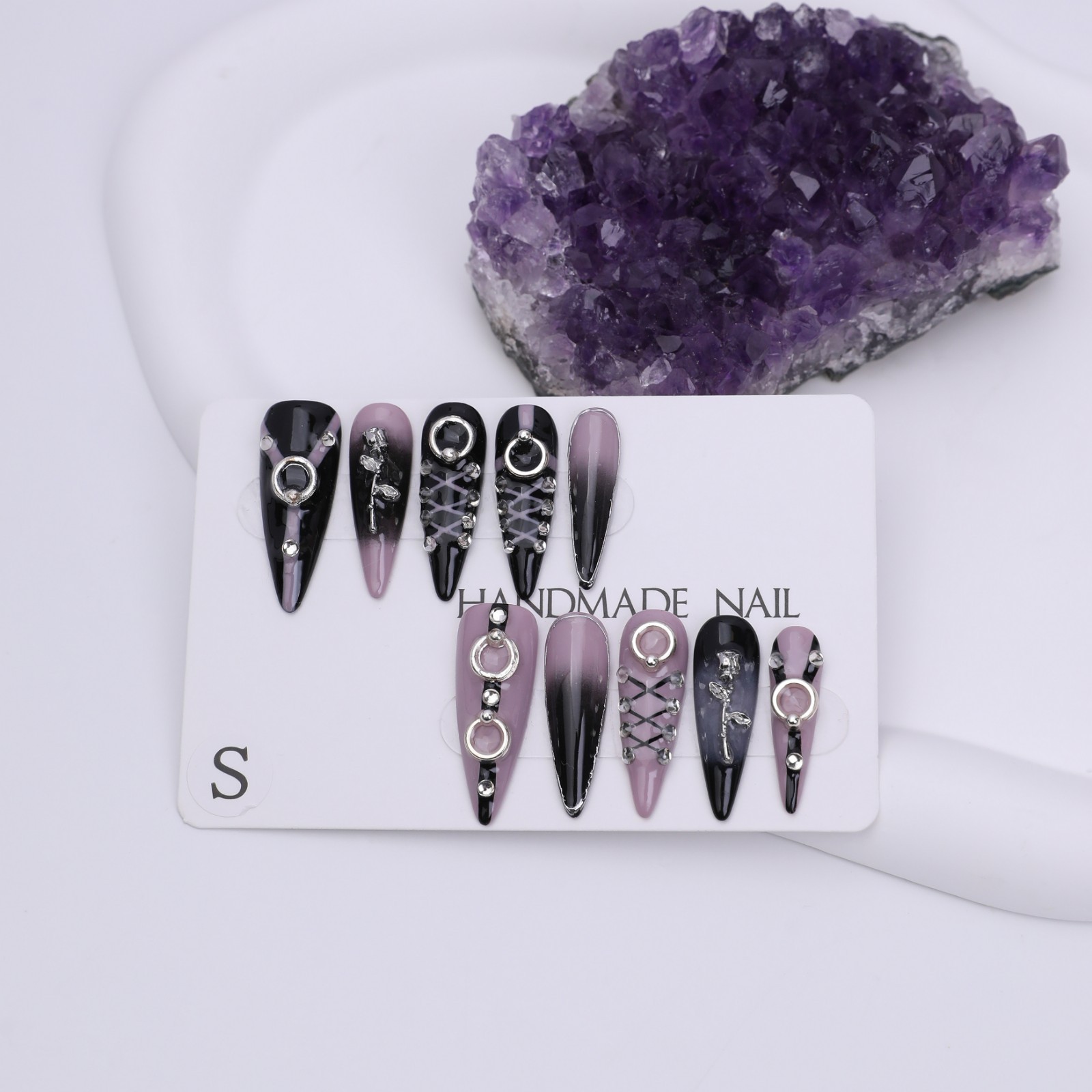 Black Purple Stiletto Press On Nails Long Gothic Rhinestone Reusable Set Glue On