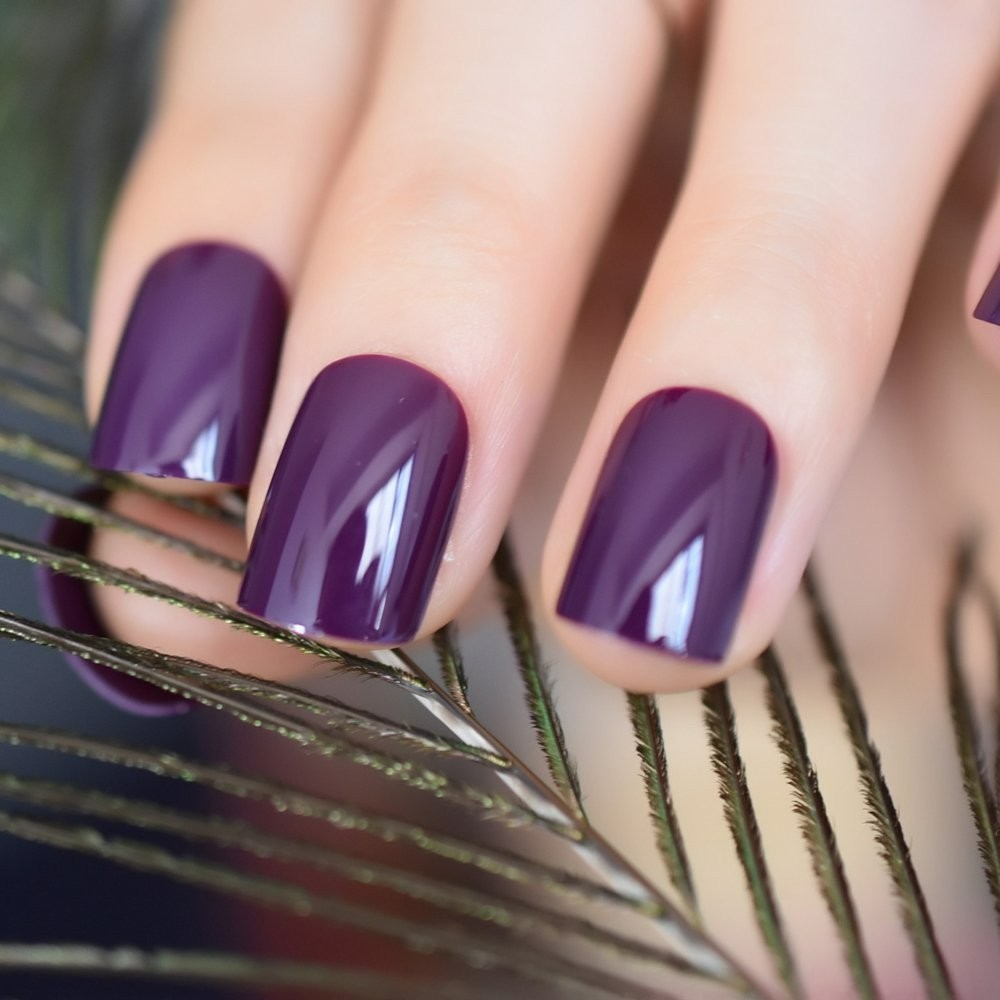 Dark Violet False Nail Tips – 24Pcs Solid Glossy Gel for Perfect Fit