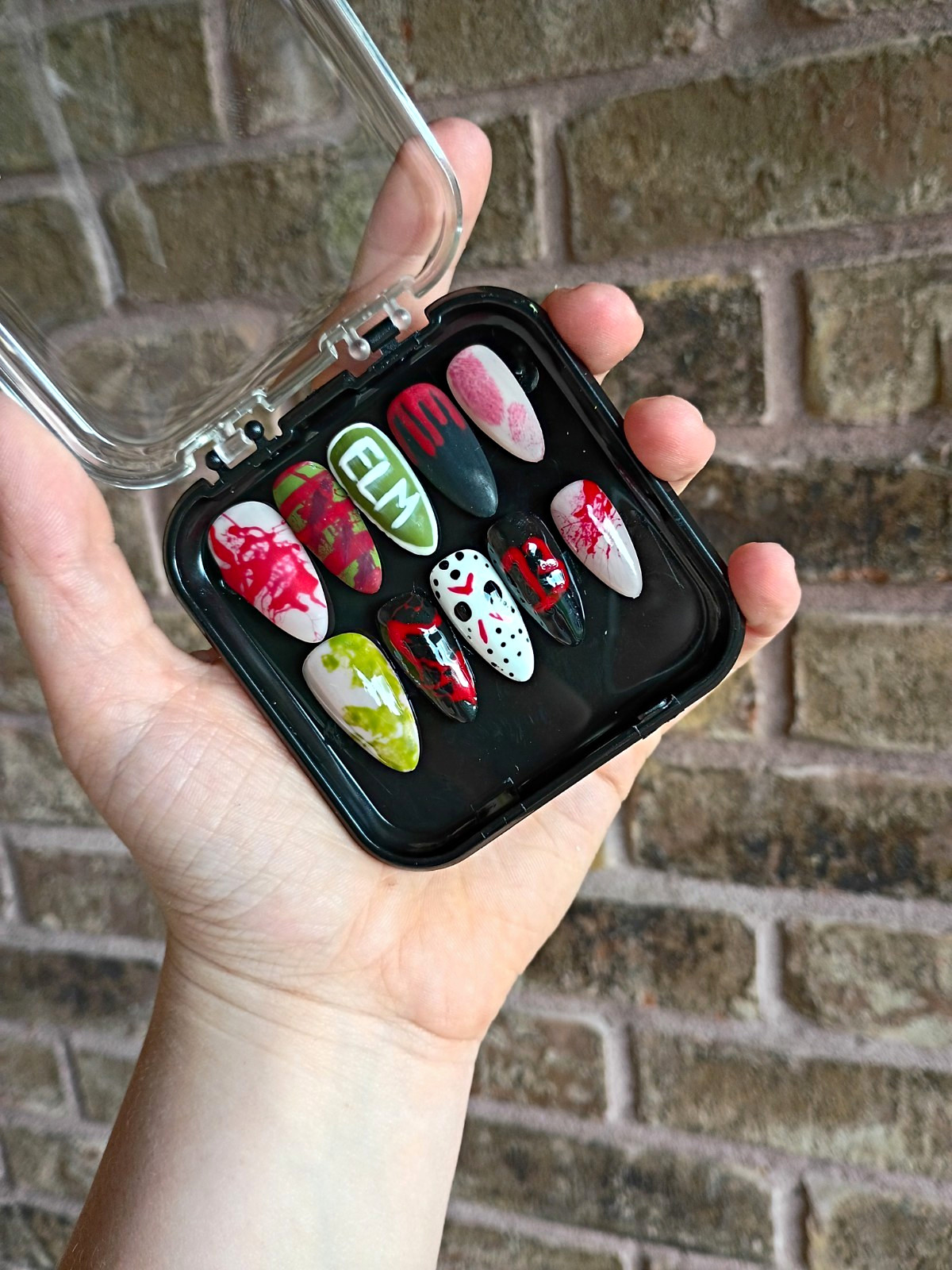 Freddy V Jason Pre-Designed Press-On Nails, Stilleto, Red White Green Black