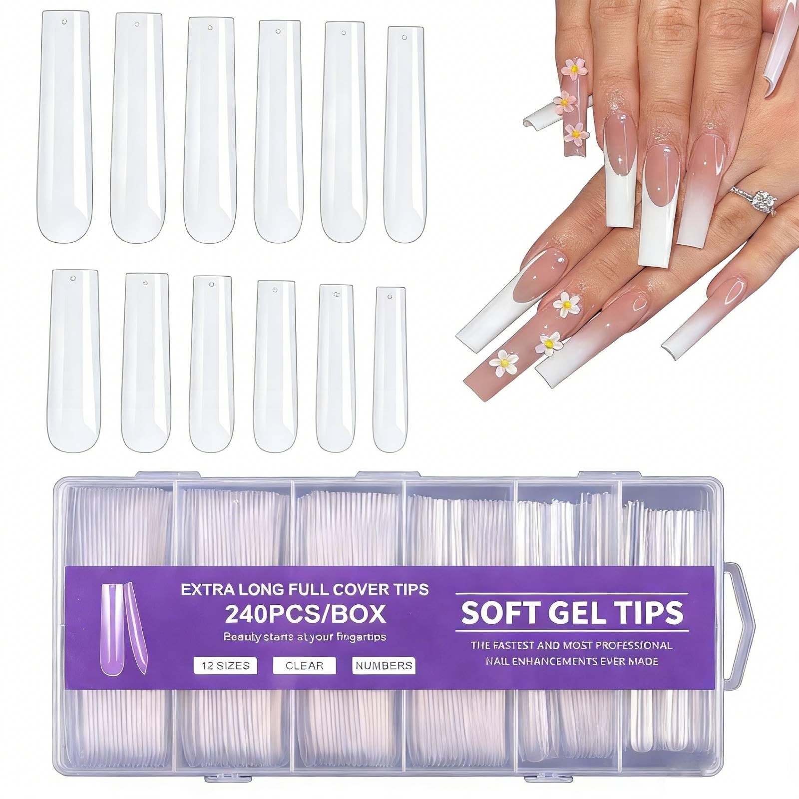 240Pcs Square Nail Tips, Full Cover Extra Long Tapered Square Nail Tips, 12 S…