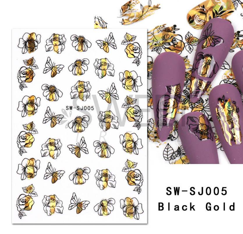 Abstract Black Gold Snake Butterfly Nail Art Stickers Laser Geometry Flower NS53