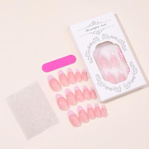 24Pcs French Press on Nails Almond Fake Nail Cute Pink False Nails with 3D bow