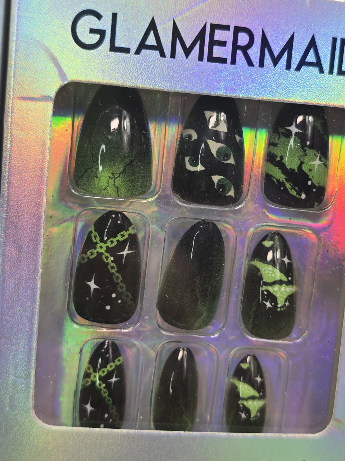3 Pack Lot Glamermaid Press On Nails Adhesive Tabs Green Black Witch Grunge Eye
