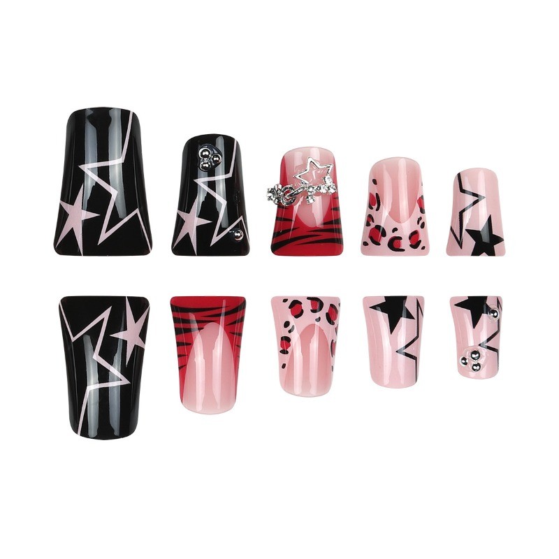 48pcs-Long Coffin Press on Nails, Pink Black Star & Leopard Print with Crystals