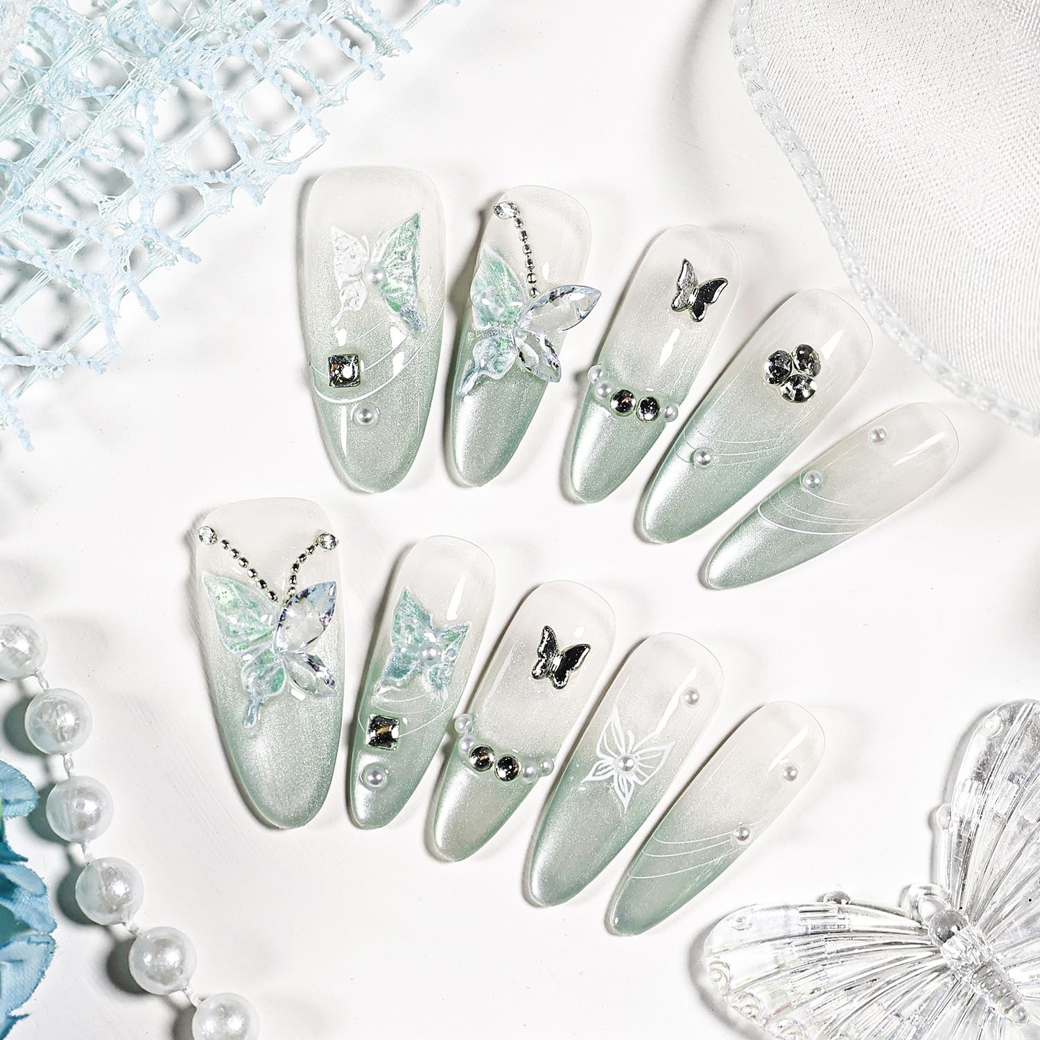 Press on Nails Butterfly Almond Shape Cat Eye Handmade 3D Fake Nail Tips Reus…
