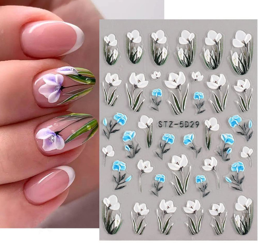 Bridal White 5D Embossed Rose Flowers Butterfly Nail Stickers Adhesive Manicure