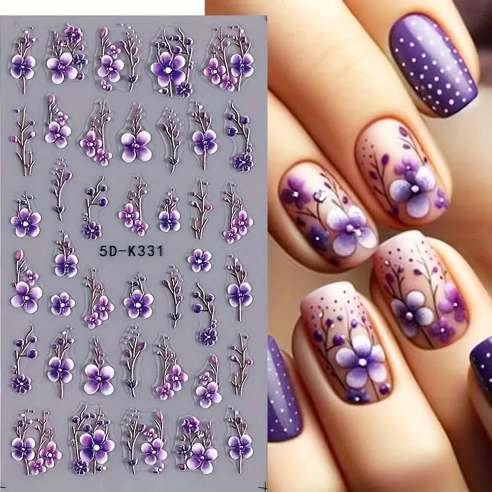 Purple Flower Nail Stickers 5D Embossed Branch Flowers Leaf Art A1