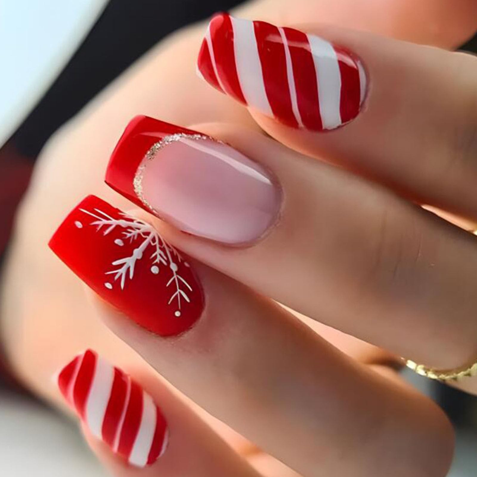 Christmas Coffin Press on Nails Short Red French Tip Fake Snowflake and Strip…