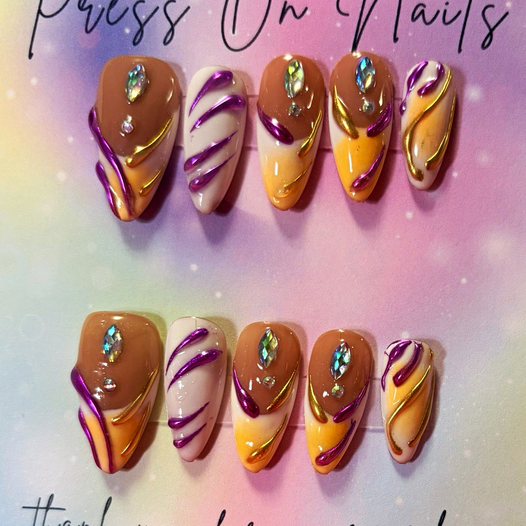 Handmade Brown/Purple/Gold 3D Abstract Almond Press-On Nails Set, Medium