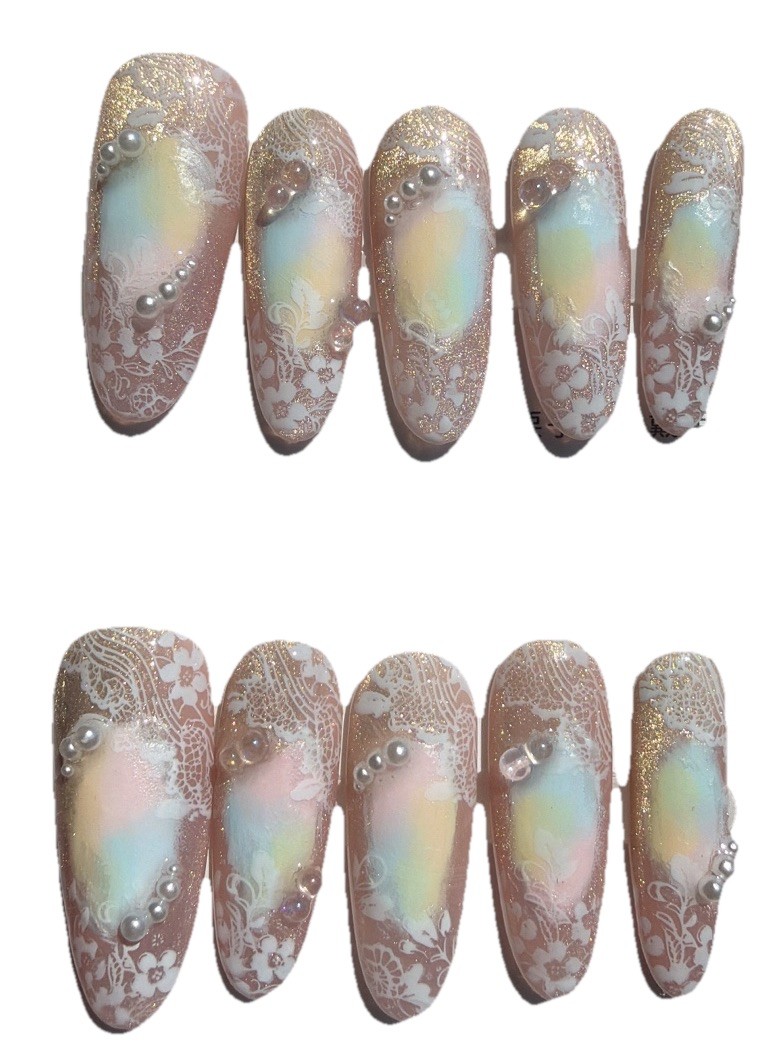 S size Long Coffin Multicolor Glitter 3D Flower Lace Pearl Press-On Nails Set