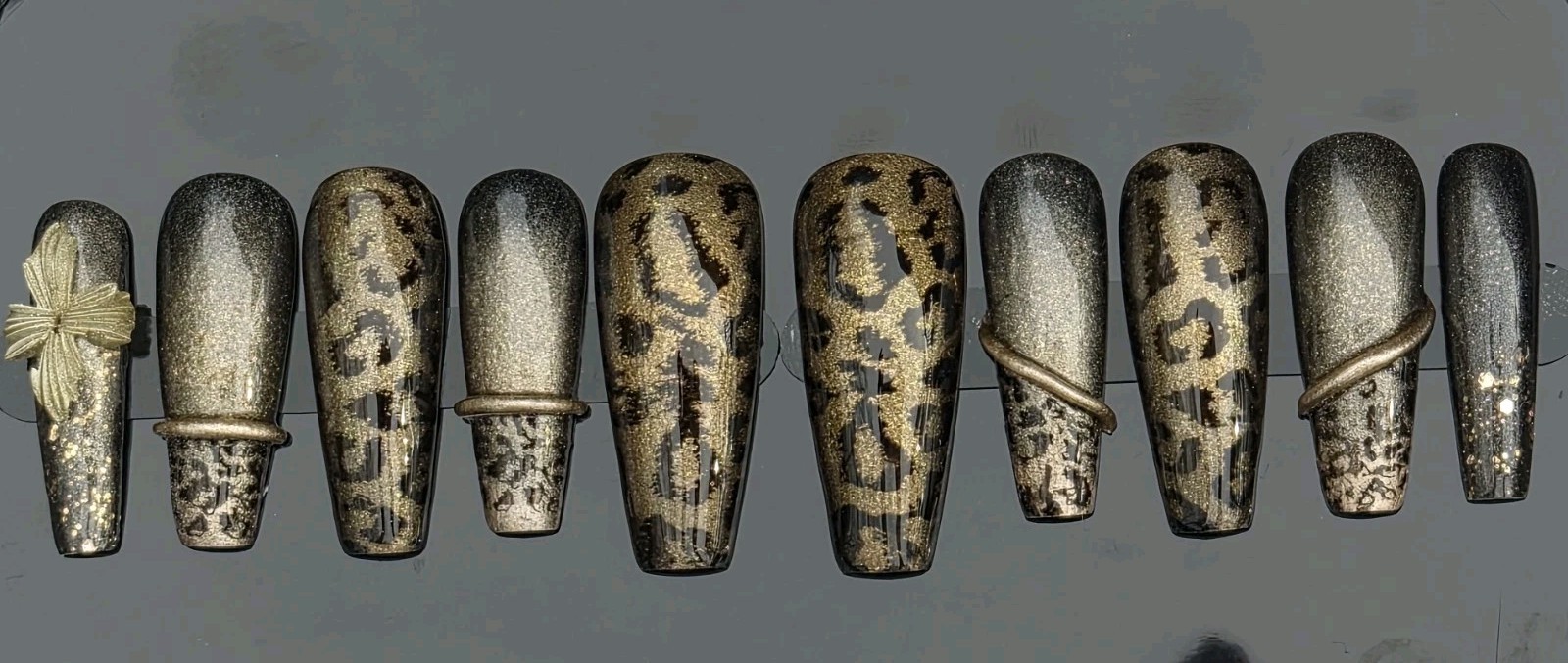 Gold Black Glitter Leopard Coffin Press-On Nails Pre-Designed Full Cover
