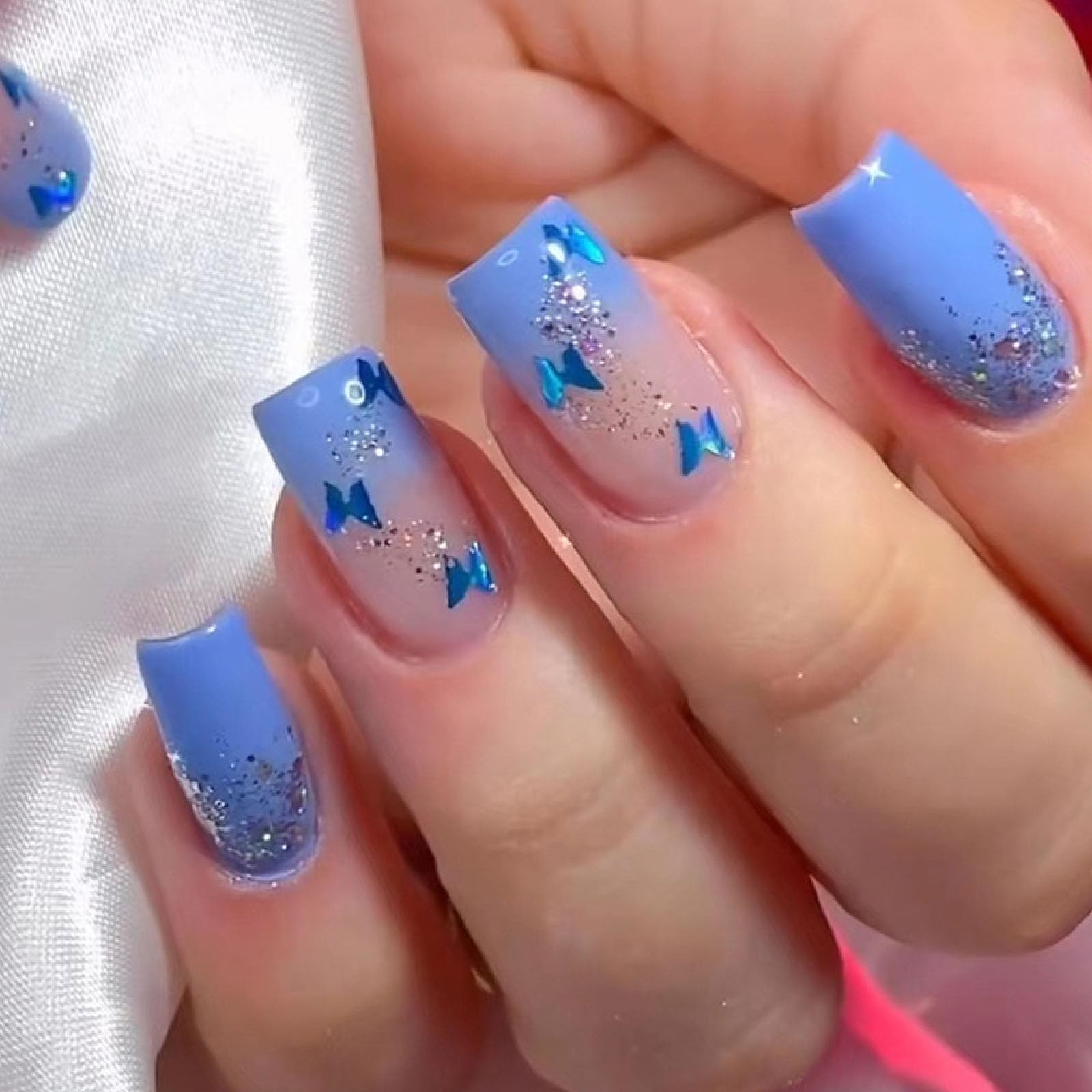 Gradient Press on Nails Medium Square Fake Nails with Glitter Butterfly Desig…