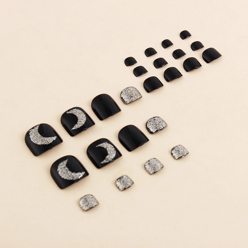 96Pcs-Black Glitter Moon Rhinestone Cool Square Daily Summer Toe Press on Nails