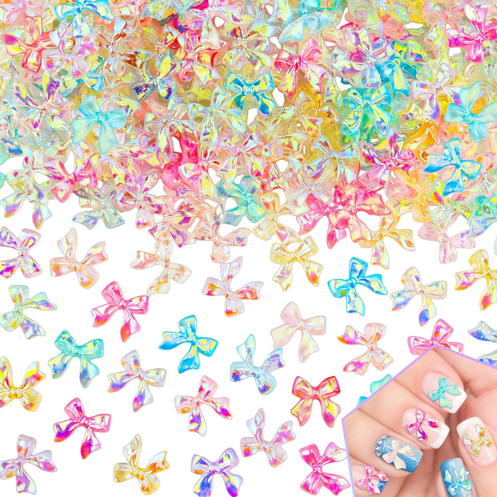 200Pcs Bow Nail Charms Resin Bowknot Nail Art Decoration Cute 3D Mix Aurora C…