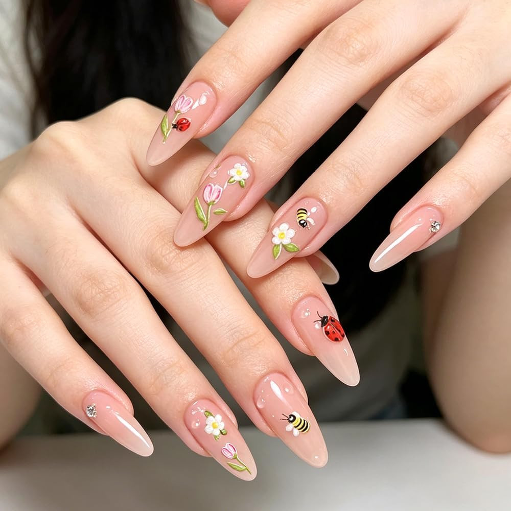 Cartoon Cute Insect 5D Nail Art Stickers Hawaiian Flower Daisy Tulip Strawberry