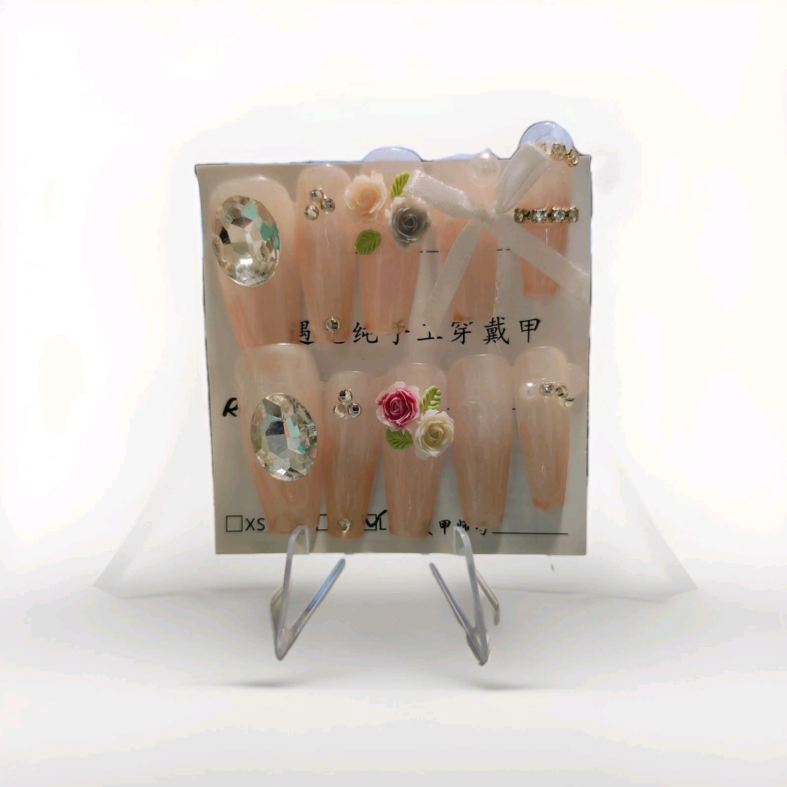 Nude Pink Blue 3D Flower Bow Rhinestone Long Coffin Press-On Nails Full Cover