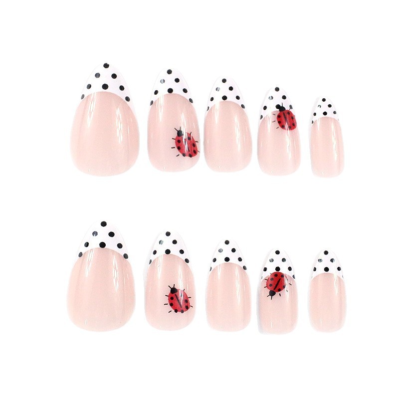 48pcs Almond Press on Nails, White French Dot Ladybug Hand Paint Cute Nails