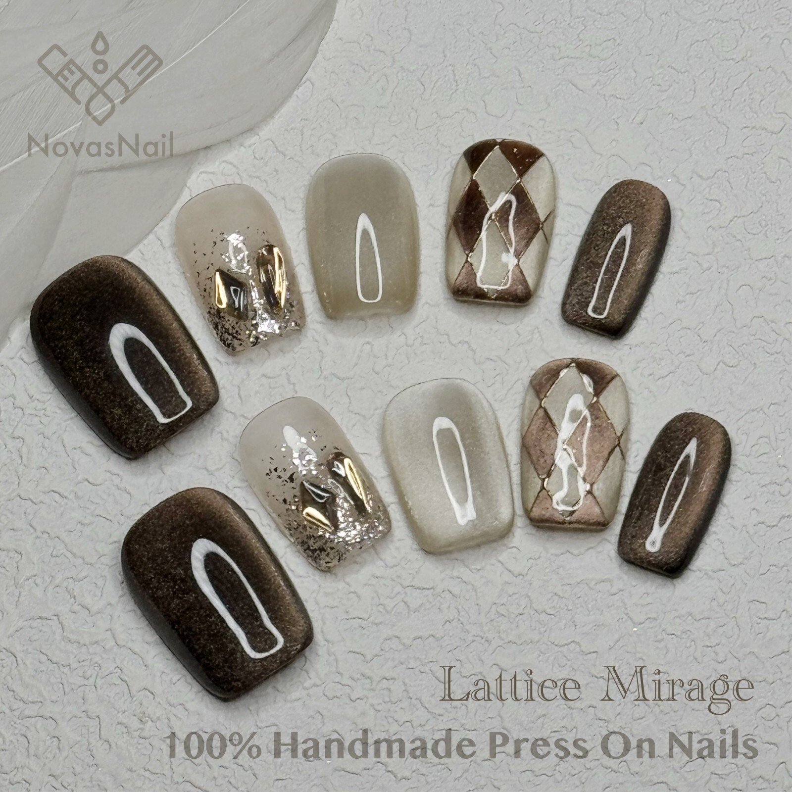 Lattice Mirage Cat Eye Press-On Nails | Duan Fang Square Shape | Handmade