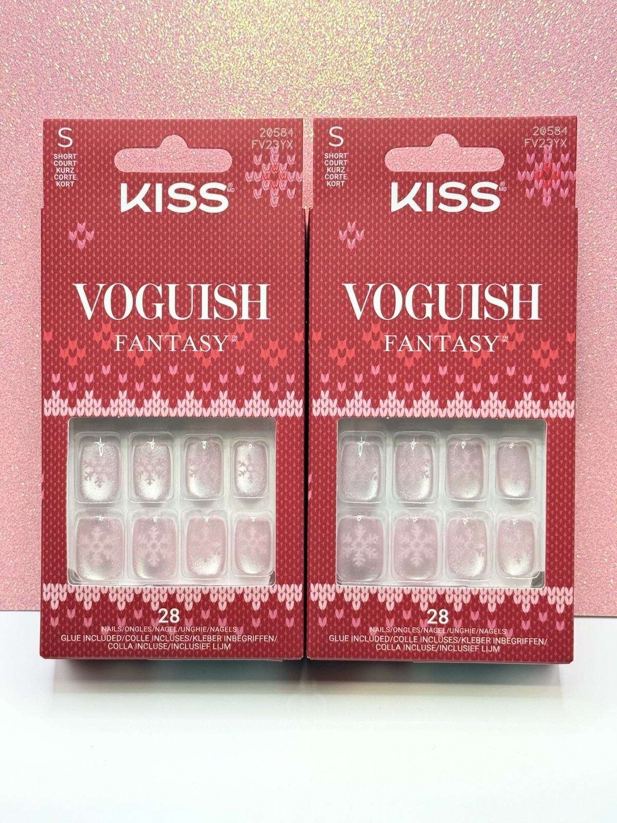 Kiss Voguish Fantasy Press-On Nails Holiday Short Pink Snowflake Sparkle Lot Of2