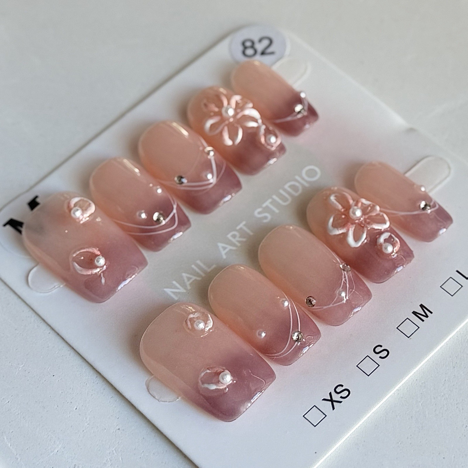 Handmade Pink Nude French Tip 3D Flower Press-On Nails Reusable False Nail