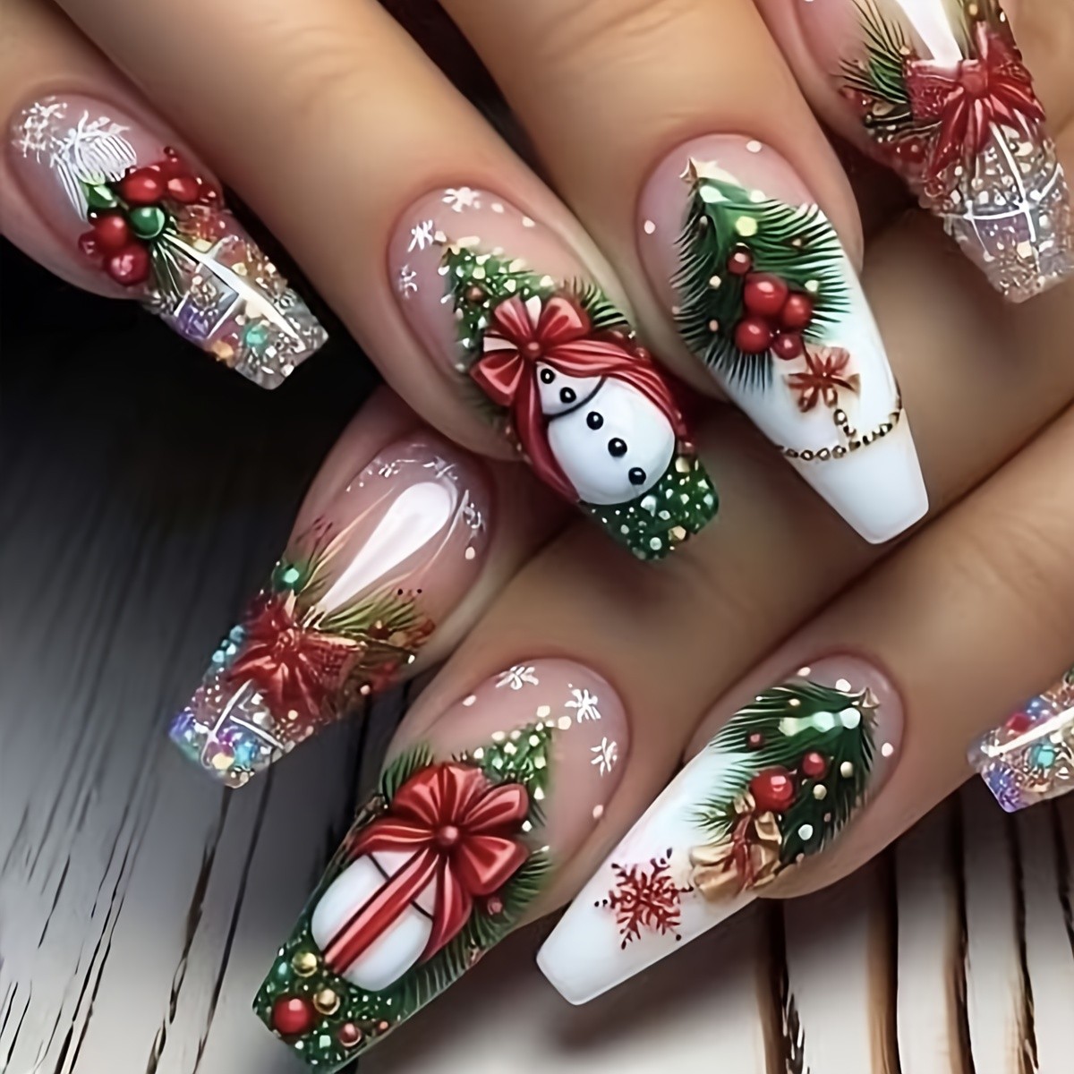 48PCS Christmas Press On Nails Almond Festive Fake Nails for Winter Holiday