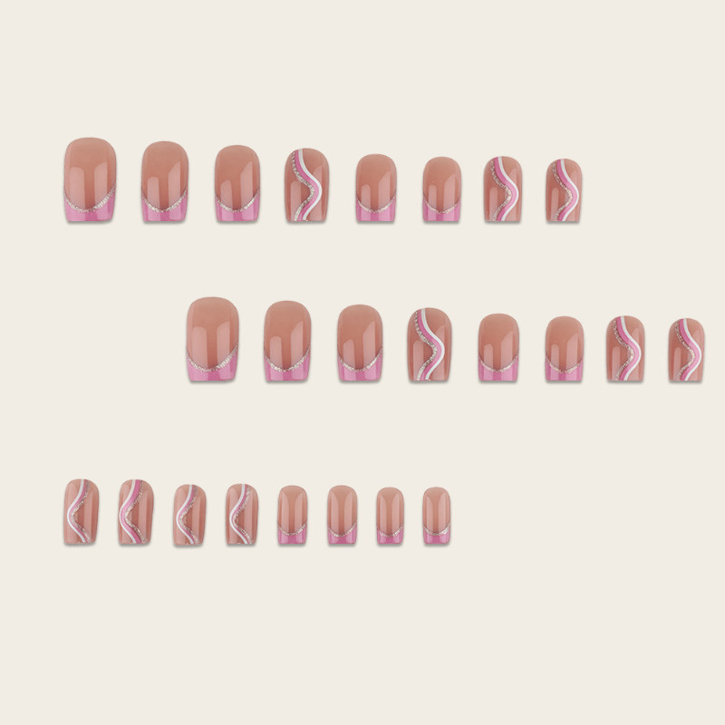 48Pcs Silver Line Rhinestone French Press on Nails, Short Square Pink Fake Nails