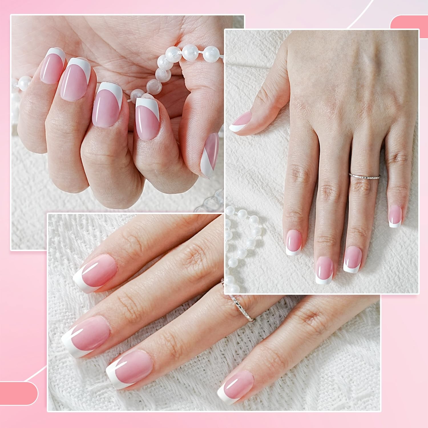 French Tip Press On Nails – 15 Sizes Pink Short Round French Tips,Soft Gel Na…