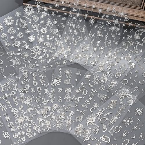 12 Sheets Bronzing Silver Nail Art Stickers, 3D Self-Adhesive Sun Moon Style12